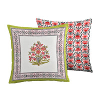 BLOCKS OF INDIA Hand Block Printed Cotton Linen Cushion Cover (40 x 40 cm) (Green Gamla)