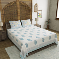 King Size Pure Cotton Hand Block Print Bedsheet (Blue Boota Paisley) (CUSTOM)