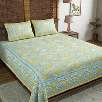 BLOCKS OF INDIA Hand Block Print Cotton King Size Bedsheet Green Gad Paisley