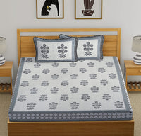 King Size Pure Cotton Hand Block Print Bedsheet (Grey Flower Buta )